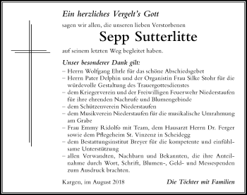 Traueranzeige von Sepp Sutterlitte von Der Westallgäuer
