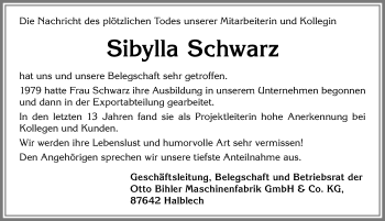 Traueranzeige von Sibylla Schwarz von Allgäuer Zeitung, Füssen