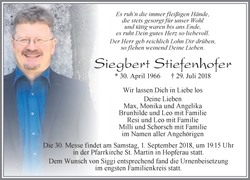  Traueranzeige für Siegbert Stiefenhofer vom 11.08.2018 aus Allgäuer Zeitung, Füssen