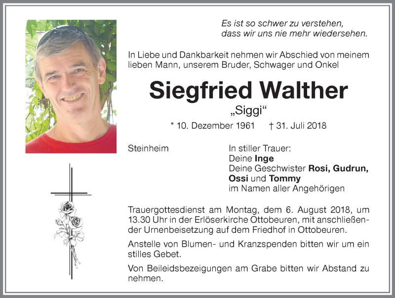  Traueranzeige für Siegfried Walther vom 04.08.2018 aus Memminger Zeitung