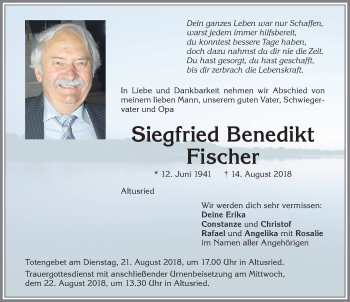 Traueranzeige von Siegfried Benedikt Fischer von Allgäuer Zeitung,Kempten
