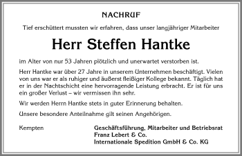 Traueranzeige von Steffen Hantke von Allgäuer Zeitung, Gesamtausgabe
