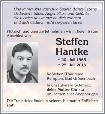 Traueranzeige von Steffen Hantke von Allgäuer Zeitung,Kempten