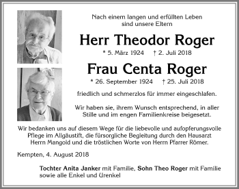 Traueranzeige von Theodor Roger von Allgäuer Zeitung,Kempten