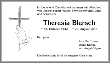 Traueranzeige von Theresia Blersch von Allgäuer Zeitung,Kempten