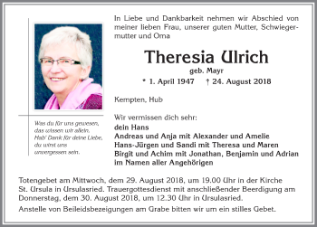 Traueranzeige von Theresia Ulrich von Allgäuer Zeitung,Kempten