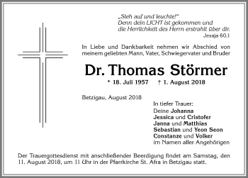 Traueranzeige von Thomas Störmer von Allgäuer Zeitung,Kempten