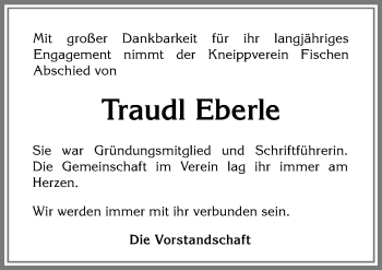 Traueranzeige von Traudl Eberle von Allgäuer Anzeigeblatt