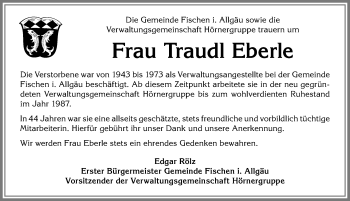 Traueranzeige von Traudl Eberle von Allgäuer Anzeigeblatt