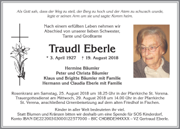 Traueranzeige von Traudl Eberle von Allgäuer Anzeigeblatt