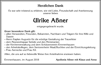 Traueranzeige von Ulrike Aßner von Allgäuer Zeitung, Kaufbeuren/Buchloe