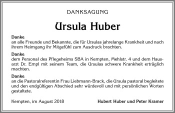 Traueranzeige von Ursula Huber von Allgäuer Zeitung,Kempten