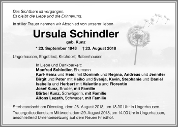 Traueranzeige von Ursula Schindler von Memminger Zeitung