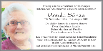 Traueranzeige von Ursula Sänze von Allgäuer Zeitung, Marktoberdorf