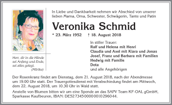Traueranzeige von Veronika Schmid von Allgäuer Zeitung, Marktoberdorf