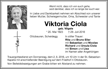Traueranzeige von Viktoria Ciola von Memminger Zeitung