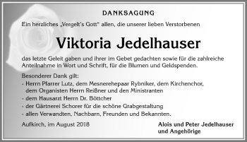 Traueranzeige von Viktoria Jedelhauser von Allgäuer Zeitung, Kaufbeuren/Buchloe
