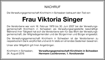 Traueranzeige von Viktoria Singer von Memminger Zeitung