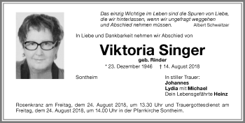 Traueranzeige von Viktoria Singer von Memminger Zeitung