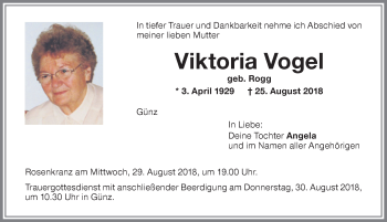 Traueranzeige von Viktoria Vogel von Memminger Zeitung