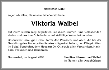 Traueranzeige von Viktoria Waibel von Allgäuer Anzeigeblatt