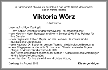 Traueranzeige von Viktoria Wörz von Memminger Zeitung