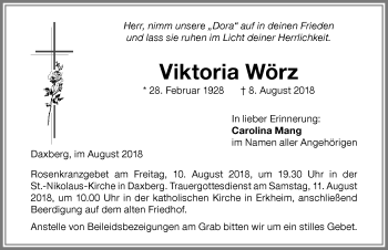 Traueranzeige von Viktoria Wörz von Memminger Zeitung