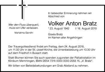 Traueranzeige von Volker Anton Bratz von Memminger Zeitung