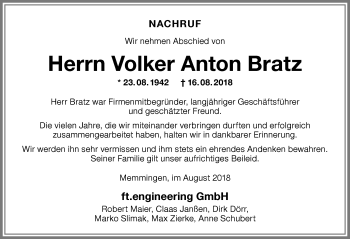 Traueranzeige von Volker Anton Bratz von Memminger Zeitung