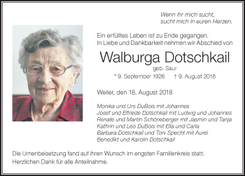Traueranzeige von Walburga Dotschkail von Der Westallgäuer