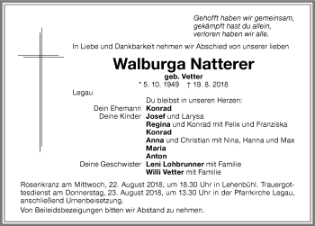 Traueranzeige von Walburga Natterer von Memminger Zeitung