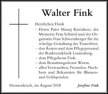 Traueranzeige von Walter Fink von Der Westallgäuer