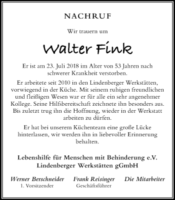 Traueranzeige von Walter Fink von Der Westallgäuer