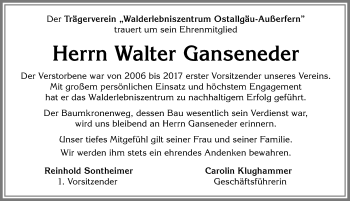 Traueranzeige von Walter Ganseneder von Allgäuer Zeitung, Füssen
