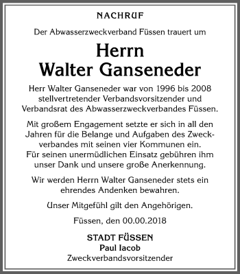 Traueranzeige von Walter Ganseneder von Allgäuer Zeitung, Füssen
