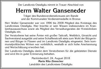 Traueranzeige von Walter Ganseneder von Allgäuer Zeitung