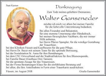 Traueranzeige von Walter Ganseneder von Allgäuer Zeitung, Füssen