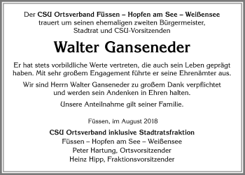 Traueranzeige von Walter Ganseneder von Allgäuer Zeitung, Füssen