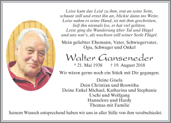 Traueranzeige von Walter Ganseneder von Allgäuer Zeitung, Füssen