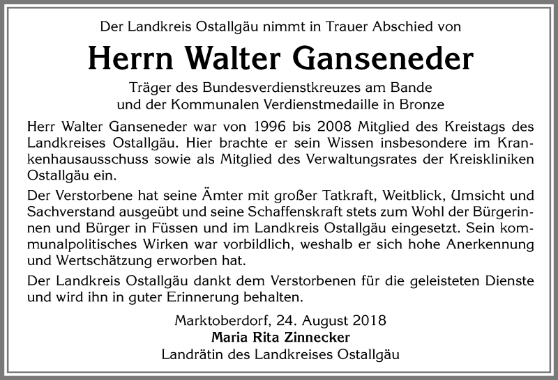  Traueranzeige für Walter Ganseneder vom 24.08.2018 aus Allgäuer Zeitung