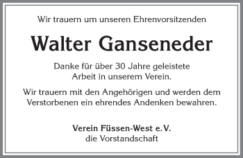 Traueranzeige von Walter Ganseneder von Allgäuer Zeitung, Füssen
