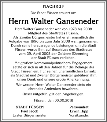Traueranzeige von Walter Ganseneder von Allgäuer Zeitung, Füssen