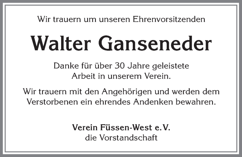  Traueranzeige für Walter Ganseneder vom 24.08.2018 aus Allgäuer Zeitung, Füssen