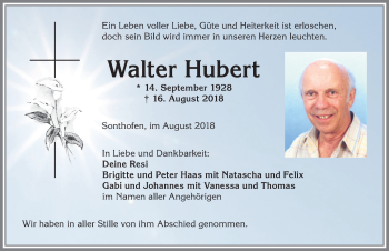 Traueranzeige von Walter Hubert von Allgäuer Anzeigeblatt