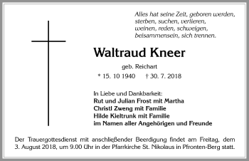 Traueranzeige von Waltraud Kneer von Allgäuer Zeitung, Füssen