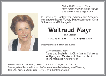Traueranzeige von Waltraud Mayr von Allgäuer Zeitung,Kempten