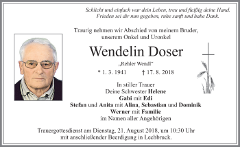Traueranzeige von Wendelin Doser von Allgäuer Zeitung, Füssen