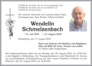 Traueranzeige von Wendelin Schmelzenbach von Allgäuer Anzeigeblatt
