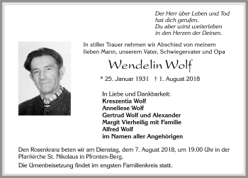 Traueranzeige von Wendelin Wolf von Allgäuer Zeitung, Füssen
