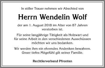 Traueranzeige von Wendelin Wolf von Allgäuer Zeitung, Füssen